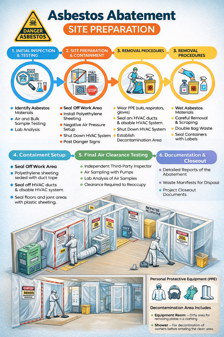 Infographic outlining the step-by-step asbestos abatement site preparation process, from initial inspection to documentation and project closeout.