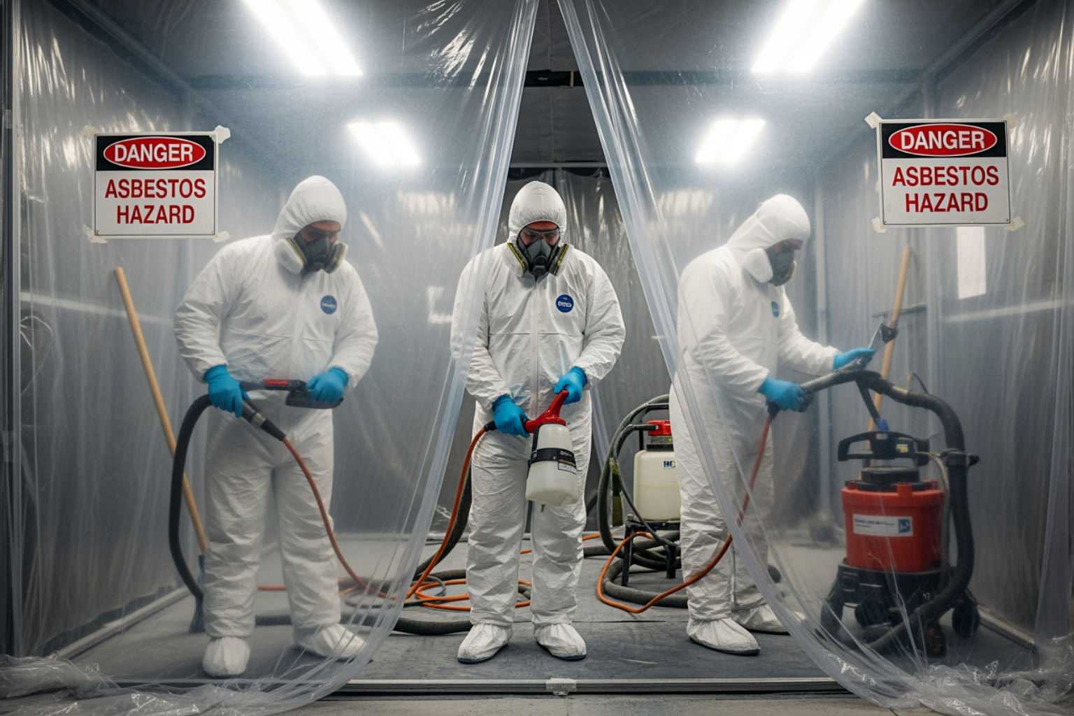 A group of workers in protective suits conducting asbestos removal within a sealed containment area, ensuring safety and containment during the remediation process.