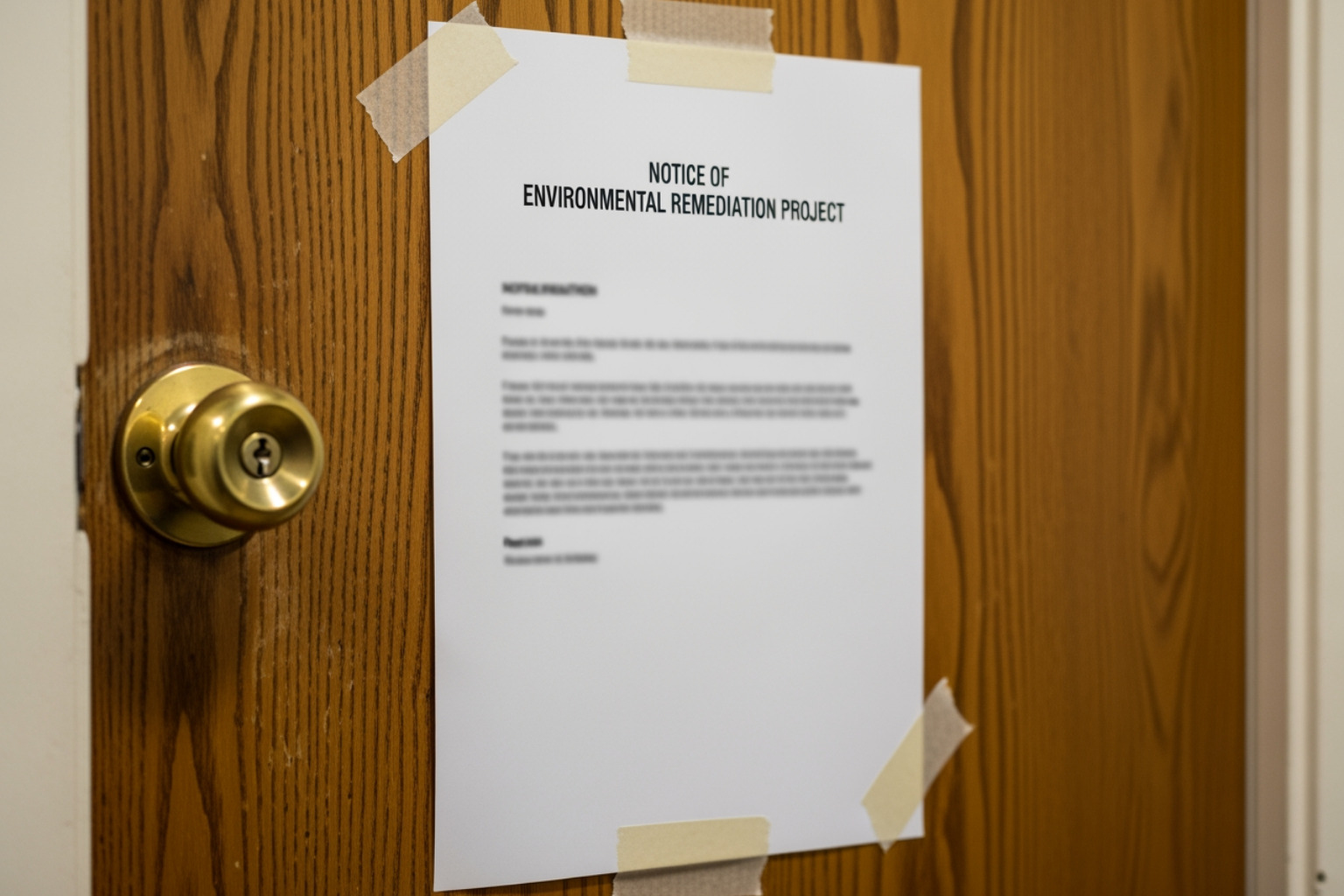 Notice of Environmental Remediation Project posted on a door, indicating hazardous materials and ongoing remediation efforts.
