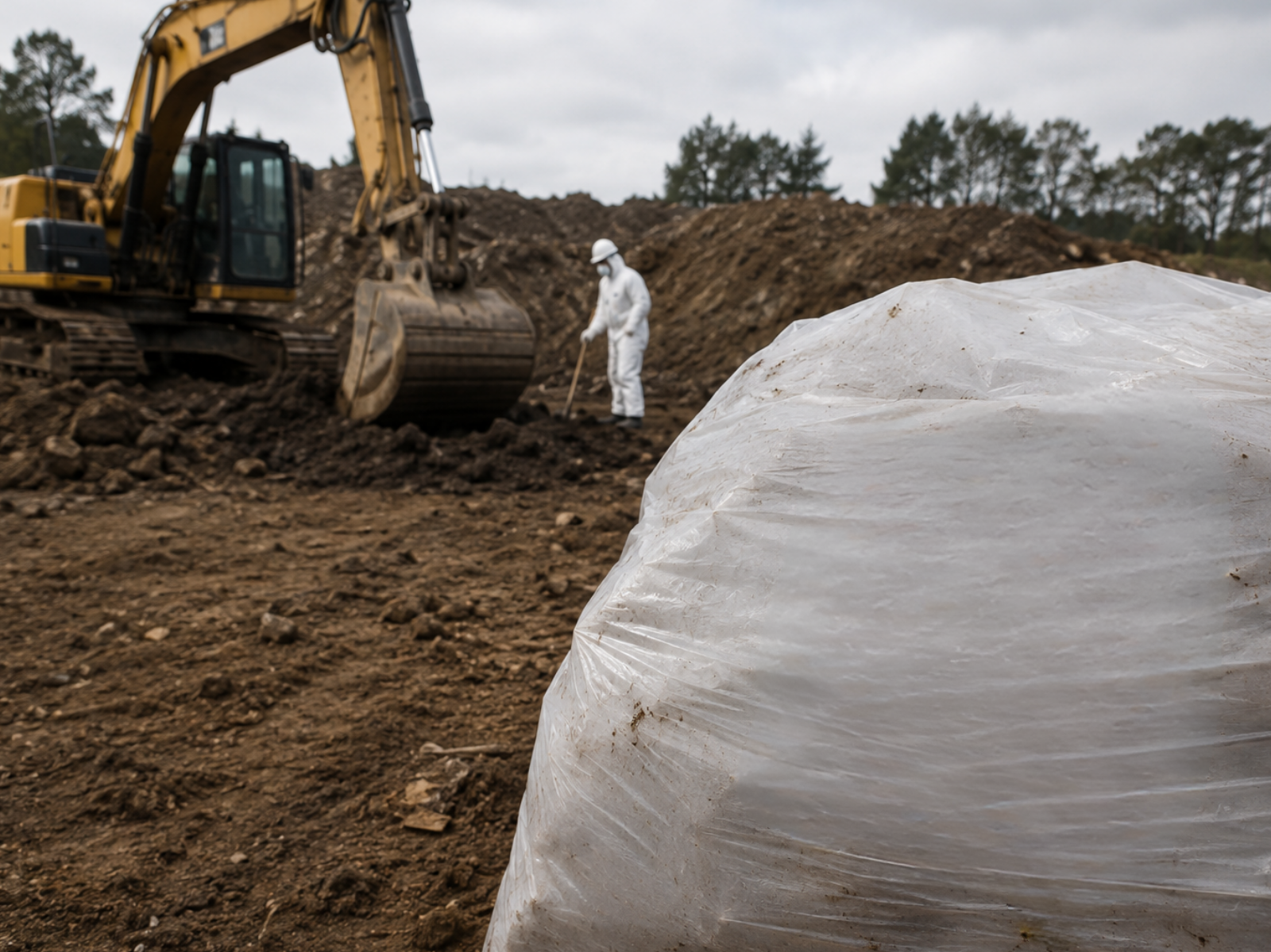 A man dressed in a white suit poses next to a yellow dump truck, highlighting a construction environment.