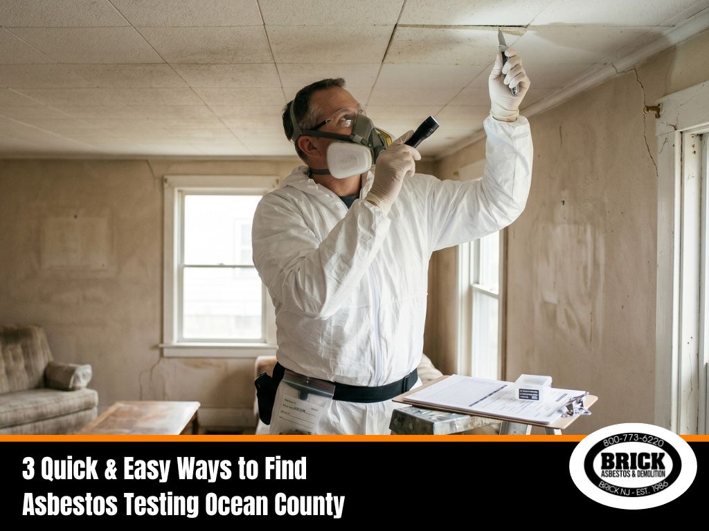 Professional asbestos inspector in protective gear performing asbestos testing in a residential home in Ocean County, NJ, highlighting quick and easy ways to find certified asbestos testing services.