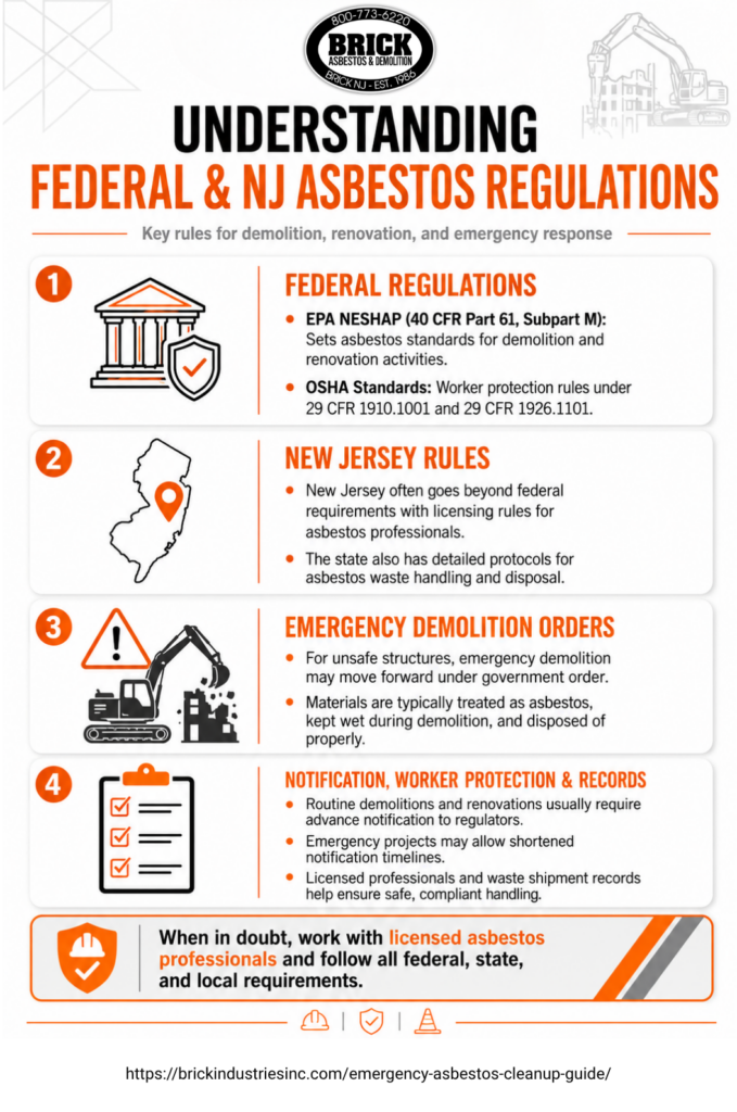Summary of federal and NJ asbestos regulations focusing on compliance and health safety measures.