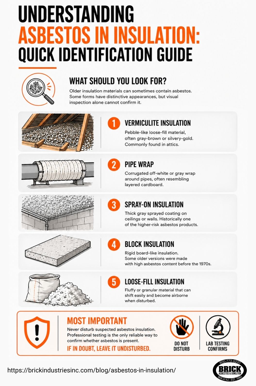 user-inserted Infographic showing types of asbestos insulation: vermiculite, pipe wrap, spray-on, block, and loose-fill.